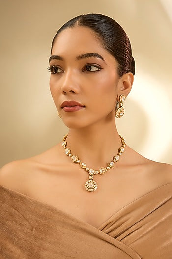 Yellow Gold Finish Moissanite Polki Necklace Set In Sterling Silver