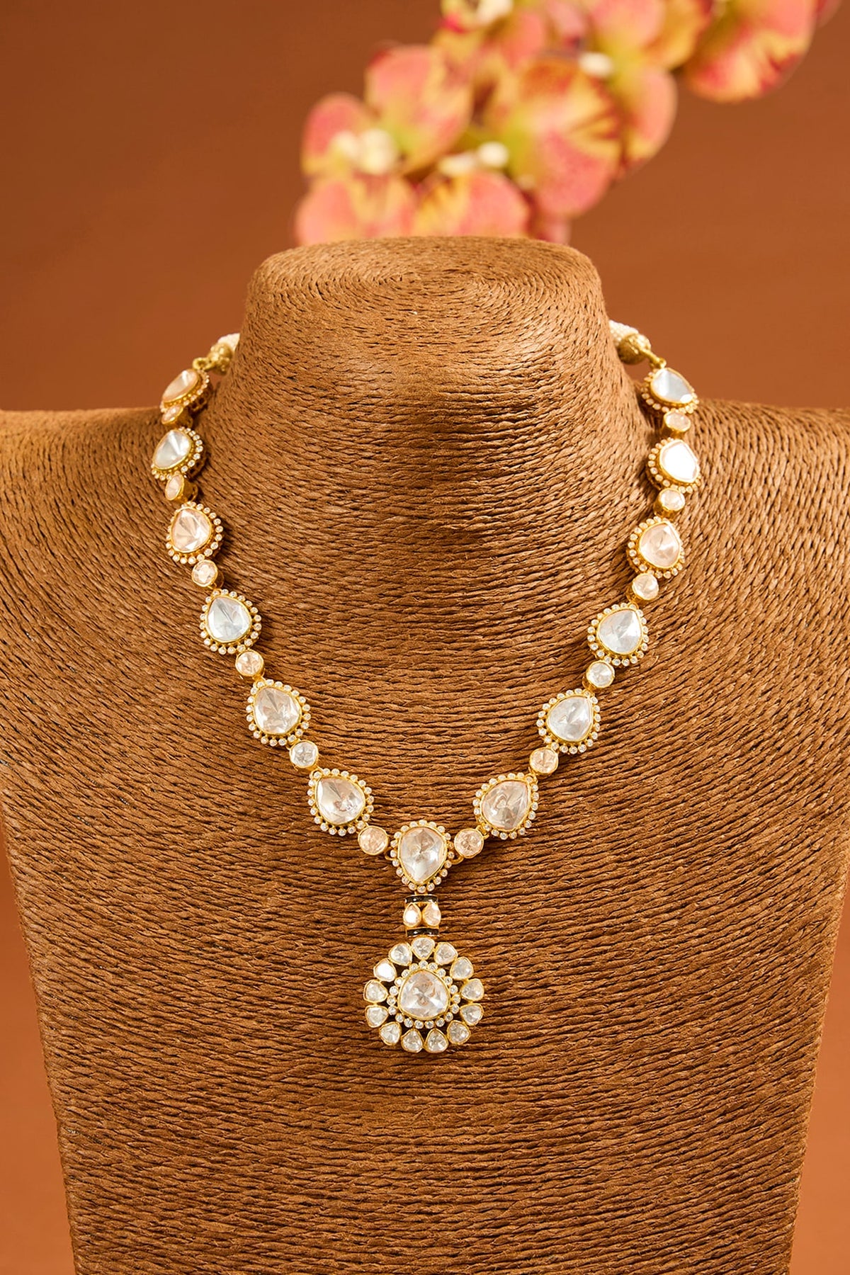 Yellow Gold Finish Moissanite Polki Necklace Set In Sterling Silver