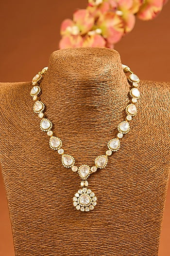 Yellow Gold Finish Moissanite Polki Necklace Set In Sterling Silver