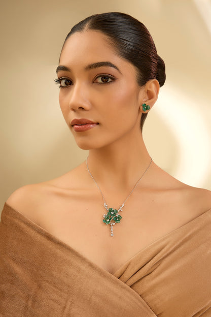 White Gold Finish Eurostar Zircon & Emerald Necklace Set In Sterling Silver