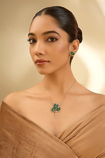 White Gold Finish Eurostar Zircon & Emerald Necklace Set In Sterling Silver
