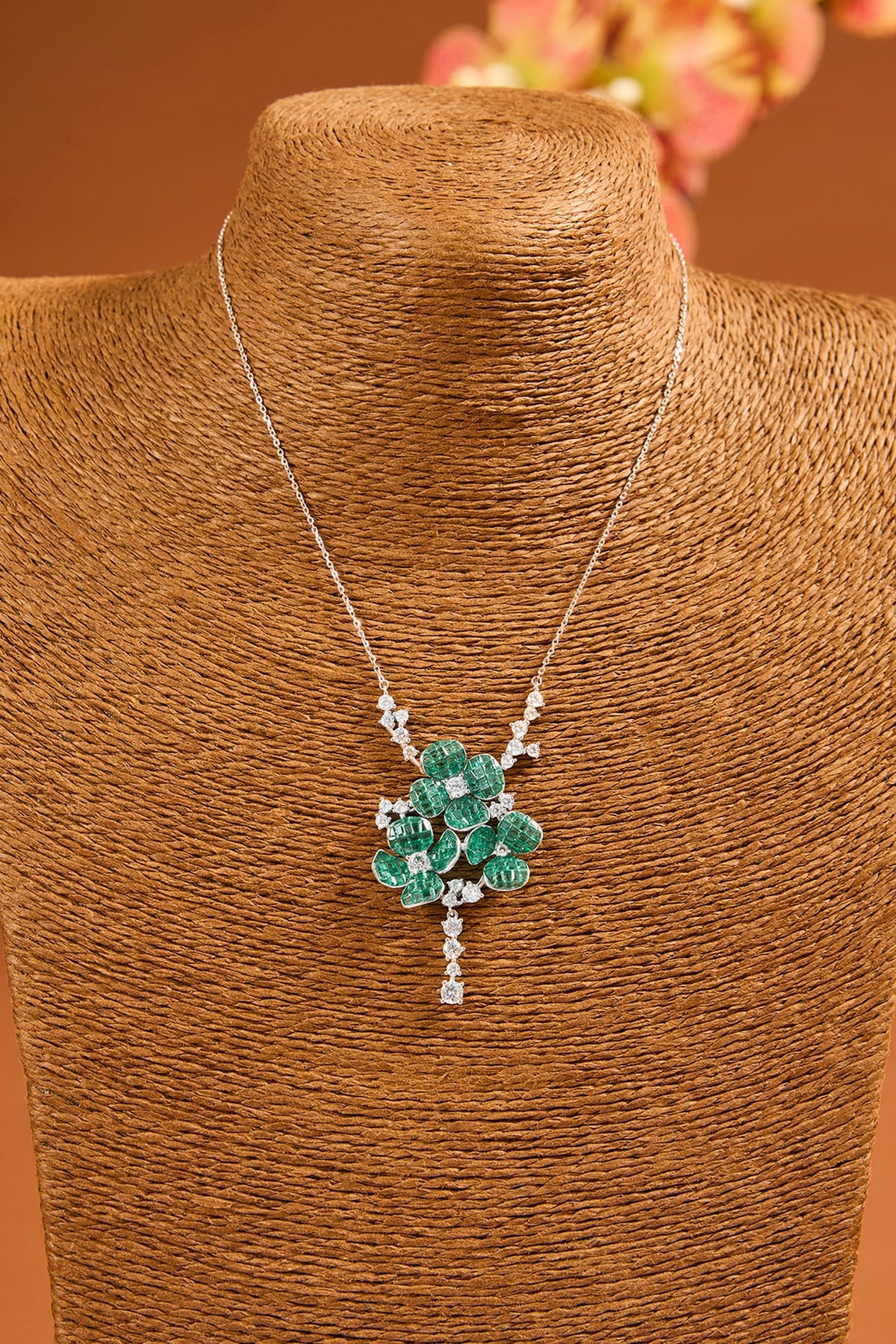 White Gold Finish Eurostar Zircon & Emerald Necklace Set In Sterling Silver