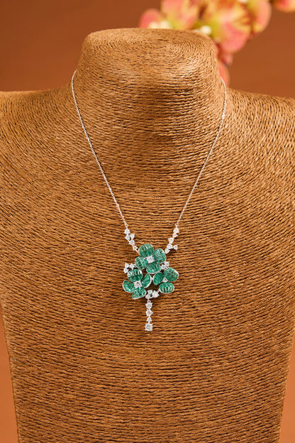 White Gold Finish Eurostar Zircon & Emerald Necklace Set In Sterling Silver