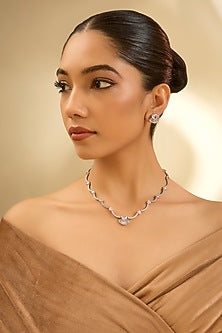 White Finish Eurostar Zircon & Pink Sapphire Necklace Set In Sterling Silver