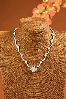 White Finish Eurostar Zircon & Pink Sapphire Necklace Set In Sterling Silver