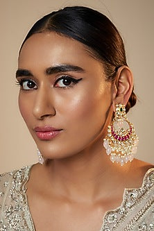 Gold Finish Kundan Polki & Pink Stone Chandbali Earrings
