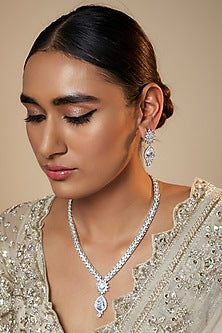 White Finish Zircon Long Necklace Set