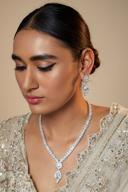 White Finish Zircon Long Necklace Set