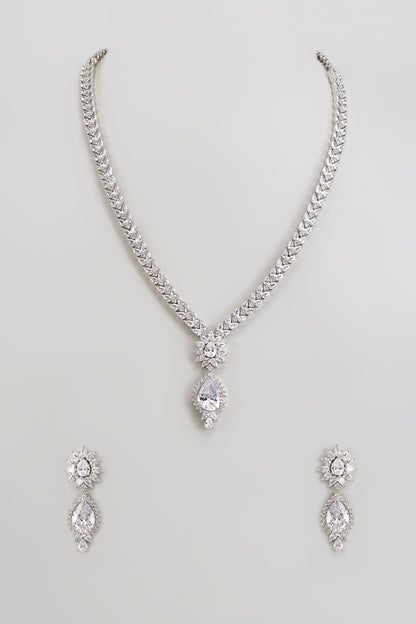 White Finish Zircon Long Necklace Set