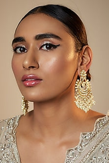 Gold Finish Kundan Polki & Pearl Chandbali Earrings