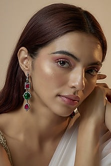 Black Rhodium Finish Green & Red Stone Dangler Earrings