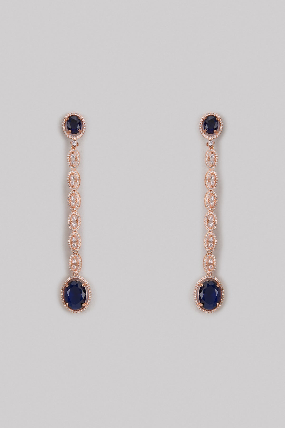 Rose Gold Finish Zircon & Blue Stone Long Earrings