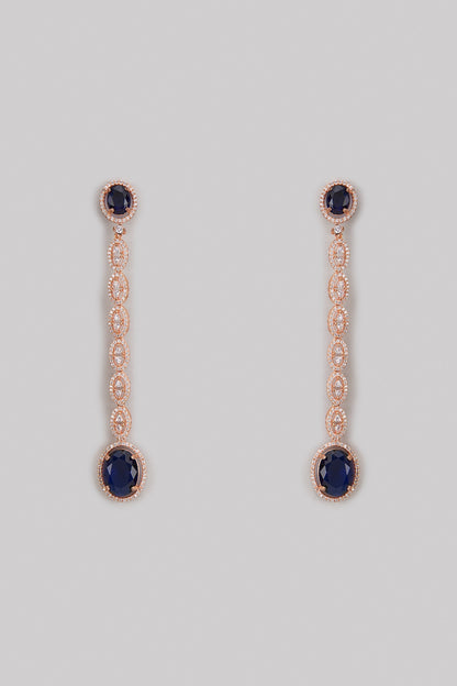 Rose Gold Finish Zircon & Blue Stone Long Earrings