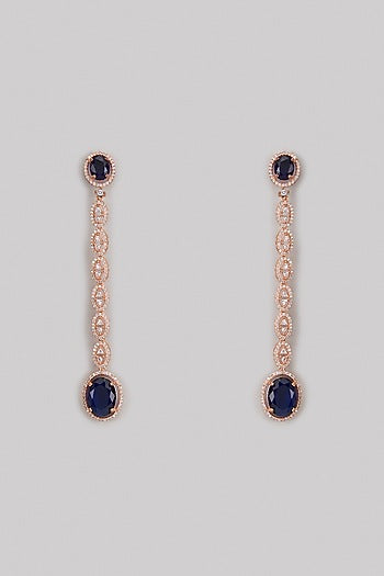 Rose Gold Finish Zircon & Blue Stone Long Earrings