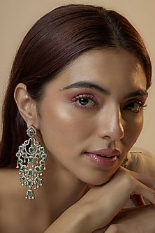 Gold Finish Zircon & Green Stone Dangler Earrings
