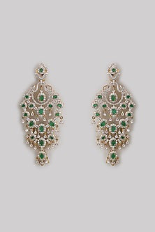 Gold Finish Zircon & Green Stone Dangler Earrings