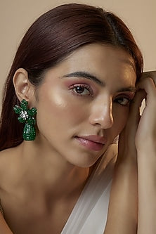 White Finish Unique Cut Green Zircon Floral Dangler Earrings