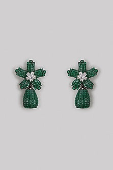 White Finish Unique Cut Green Zircon Floral Dangler Earrings