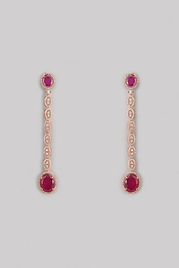 Rose Gold Finish Zircon & Pink Stone Long Earrings