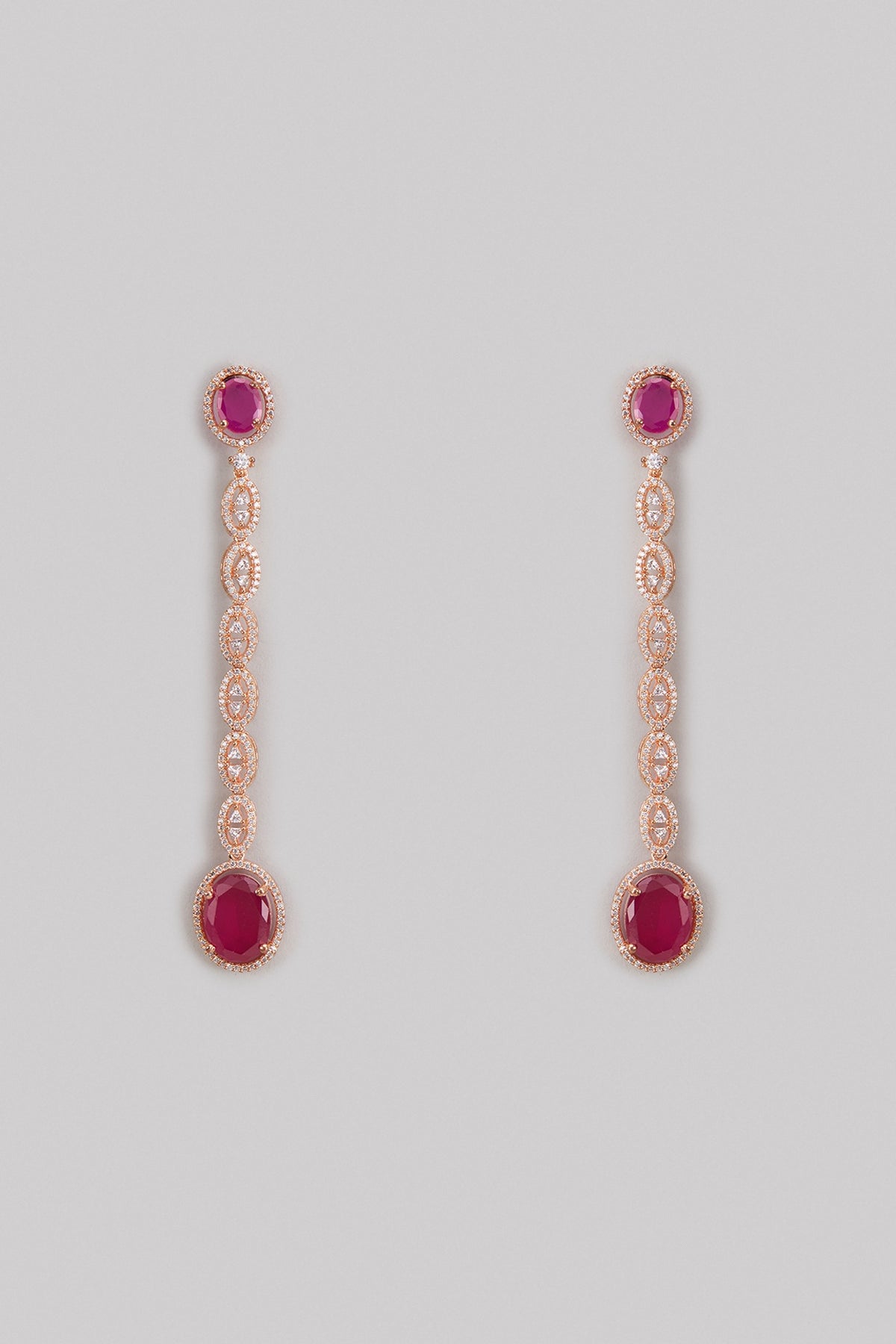 Rose Gold Finish Zircon & Pink Stone Long Earrings