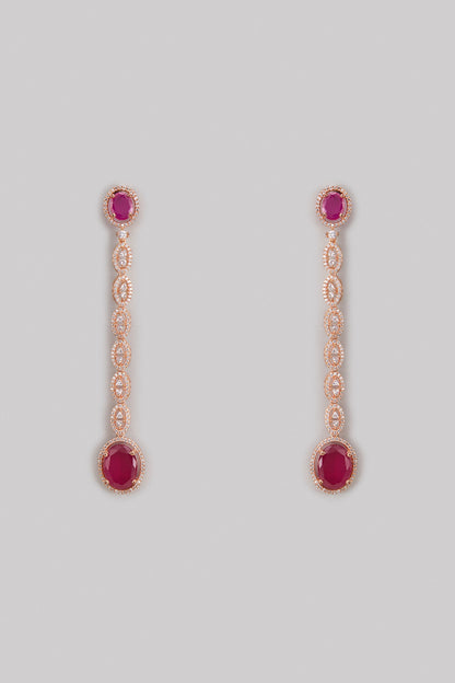 Rose Gold Finish Zircon & Pink Stone Long Earrings