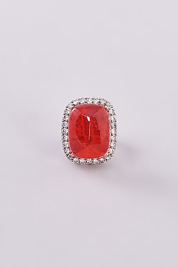 White Finish Zircon & Red Synthetic Stone Ring