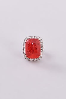 White Finish Zircon & Red Synthetic Stone Ring