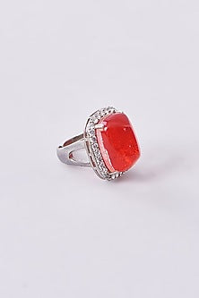 White Finish Zircon & Red Synthetic Stone Ring