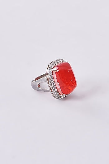 White Finish Zircon & Red Synthetic Stone Ring