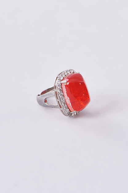 White Finish Zircon & Red Synthetic Stone Ring
