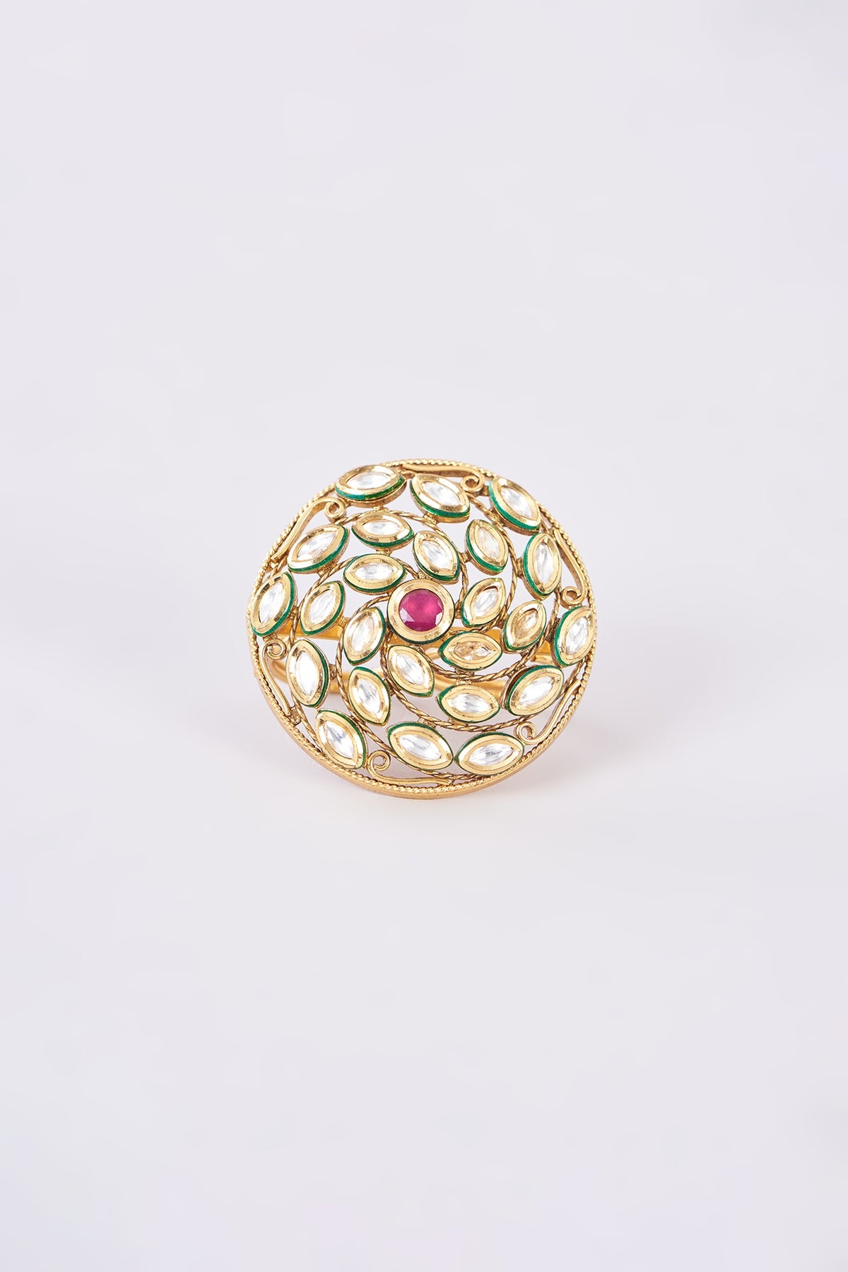 Gold Finish Kundan Polki & Red Stone Ring