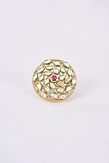 Gold Finish Kundan Polki & Red Stone Ring