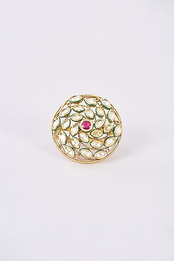 Gold Finish Kundan Polki & Red Stone Ring