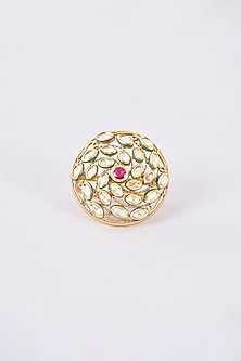 Gold Finish Kundan Polki & Red Stone Ring