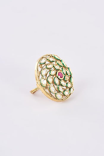 Gold Finish Kundan Polki & Red Stone Ring