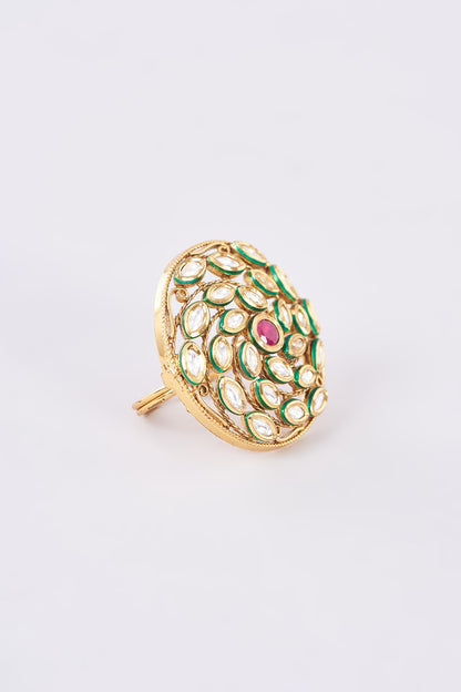 Gold Finish Kundan Polki & Red Stone Ring