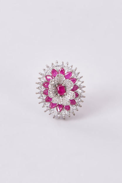 White Finish Zircon & Pink Stone Ring