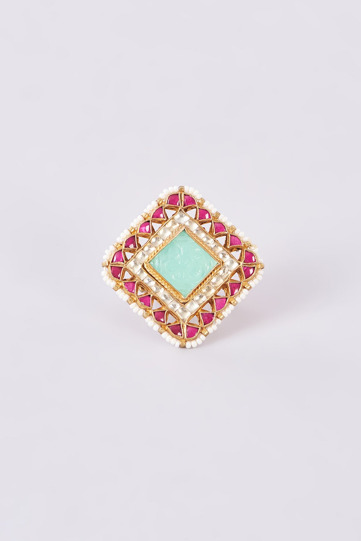 Gold Finish Kundan Polki & Green Carved Stone Ring