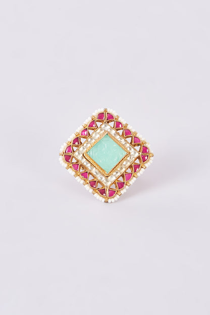 Gold Finish Kundan Polki & Green Carved Stone Ring