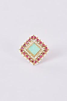 Gold Finish Kundan Polki & Green Carved Stone Ring