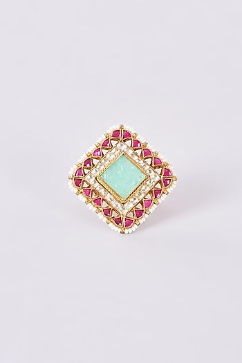 Gold Finish Kundan Polki & Green Carved Stone Ring