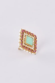 Gold Finish Kundan Polki & Green Carved Stone Ring