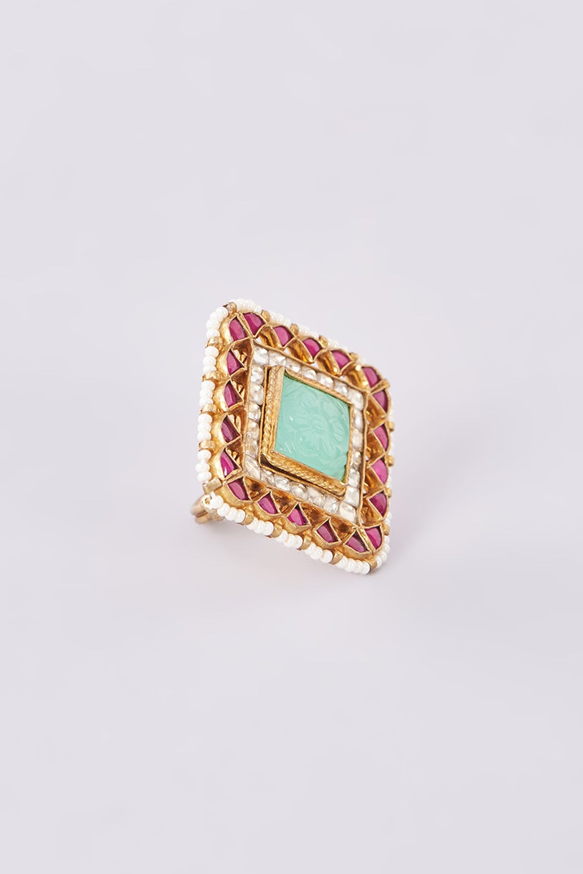 Gold Finish Kundan Polki & Green Carved Stone Ring