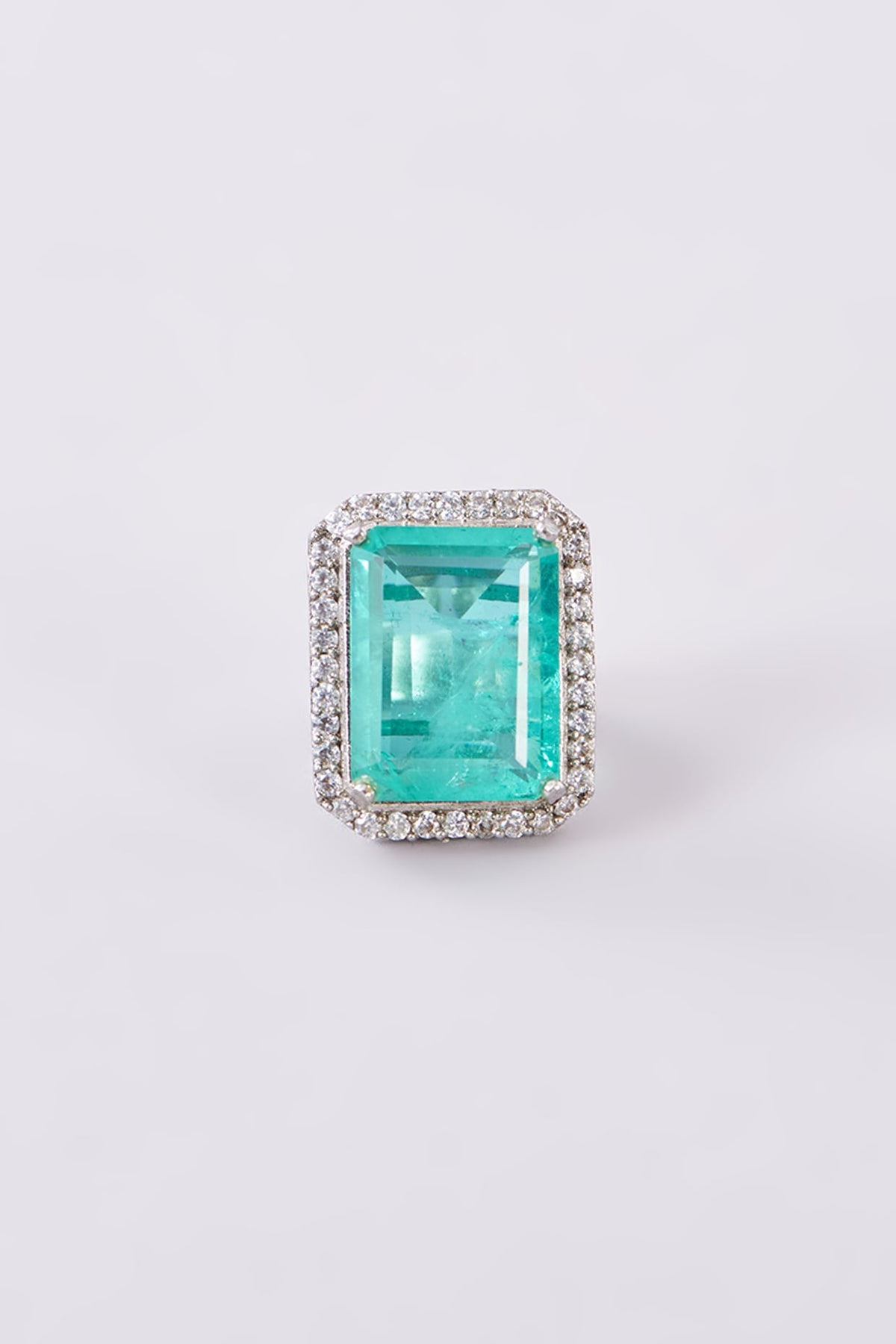 White Finish Zircon & Aqua Stone Ring