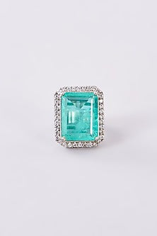 White Finish Zircon & Aqua Stone Ring