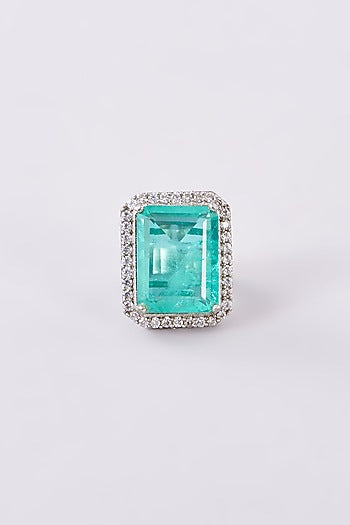 White Finish Zircon & Aqua Stone Ring