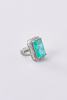White Finish Zircon & Aqua Stone Ring