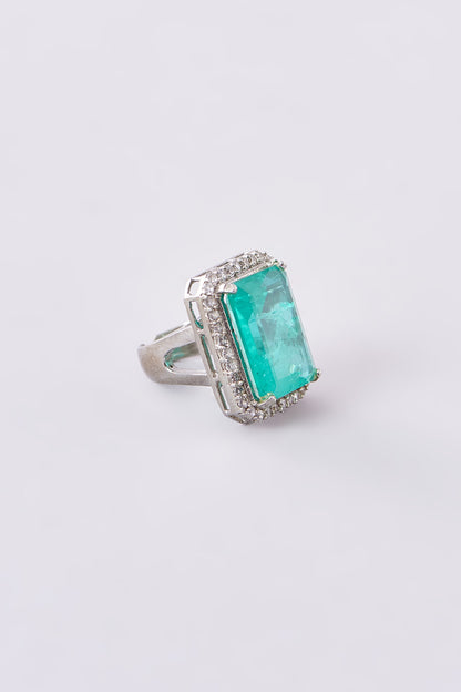 White Finish Zircon & Aqua Stone Ring