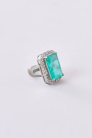 White Finish Zircon & Aqua Stone Ring
