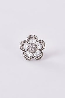Black Rhodium Finish Zircon Floral Ring